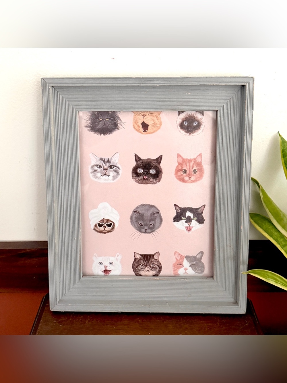 Whimsical Cat Portrait Framed Wall Art Pink Gray Kitty Faces Cottagecore Decor